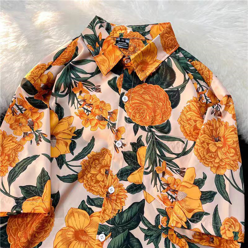 Thai Silk Blouse - Japonês tailandês retro havaí laranja flor